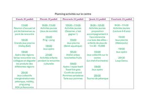 Planning Activités Sur Le Centre Flavie S30 2