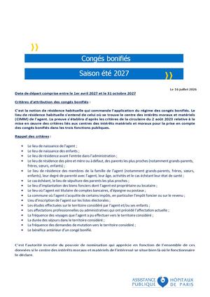 Congés Bonifiés Saison éTé 2027