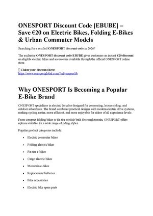ONESPORT Discount Code [EBUBE] – Save €20 on Electric Bikes, Folding E-Bikes & Urban Commuter Models