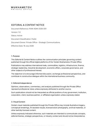 Yerden Mukhametov Private Office | Editorial & Content Notice | Version 1.0