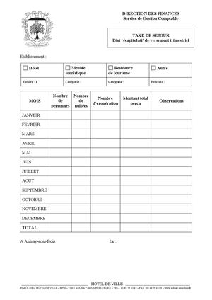 Formulaire de déclaration de la taxe de séjour