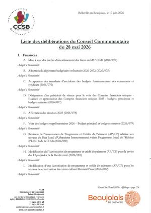 20260528 Liste Délibérations Affichage Conseil Communautaire