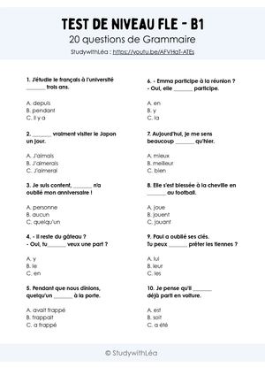 Test De Niveau Fle Grammaire B1 StudywithLéa