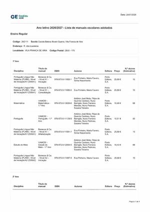 Lista Manuais Adotados Escola Básica Álvaro Guerra