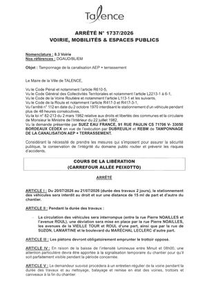 Arrete 1737-2026-Tamponnage Canalisation Aep Cours De La Liberation Les 20 Et 21-07-2026-Publié Le 20 07 2026