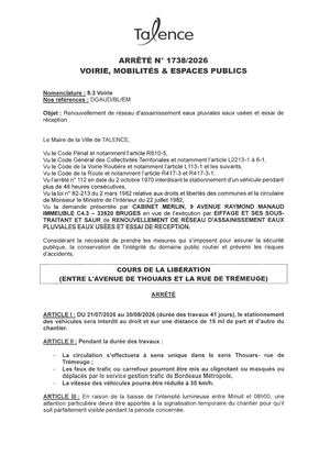 Arrete 1738-2026-Renouvellement Reseau D'assainissement Eaux Usees Cours De La Liberation Du 21-07 Au 30-08-2026-Publié Le 20 07 2026