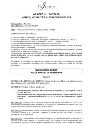 Arrete 1542-2026-Renouvellement Reseau Eau Potable Rue Eugene Olibet Et Place Marcelin Berthelot Du 24 Au 31-07-2026-Publié Le 20 07 2026