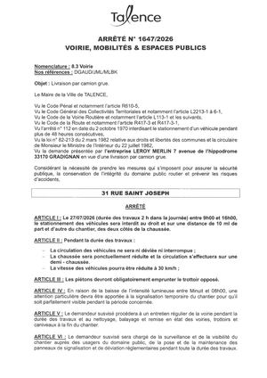 Arrete 1647-2026-Livraison Par Camion Grue 31 Rue Saint Joseph-Publié Le 20 07 2026