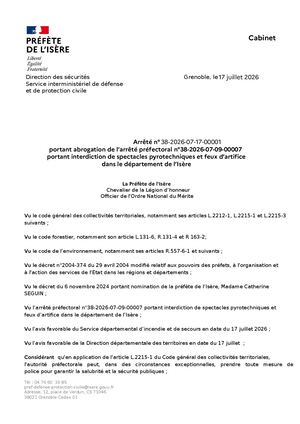 Ap Portant Abrogation De L'ap Portant Interdiction De Spectacles Pyrotechniques Et Faux D'artifice Dans Le Département De L'isere