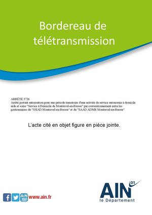 Arrêté Autorisation Période Transitoire Activité De Service Autonomie à Domicile Aide Et Soins Service à Domicile De Montrevel En Bresse Par Conventionnement Entre Les Gestionnaires Du SSIAD Et Du SAAD ADMR Montrevel