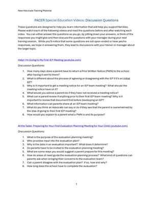 Pacer Special Education Video Discussion Questions