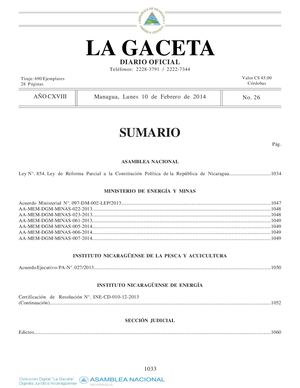 Ley No 854 Ley De Reforma Parcial A La Constitucion Politica De Nicaragua 10 De Febrero 2014