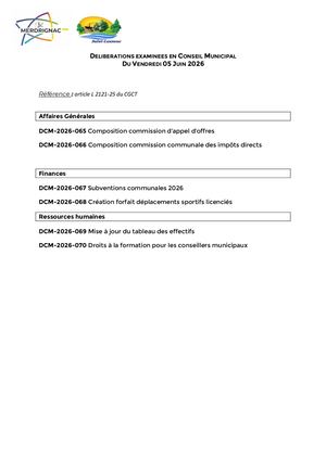 Liste Des Délibérations Examinées En Conseil Municipal 05 06 2026