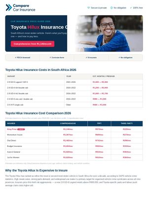 Toyota Hilux Insurance Prices South Africa — 2026 Variant Guide