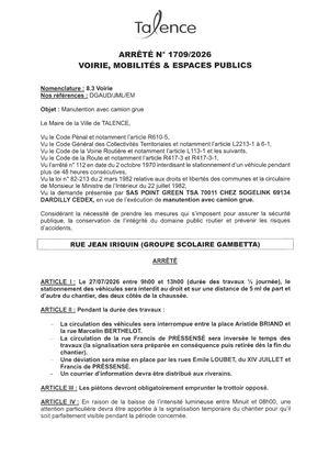 Arrete 1709-2026-Manutention Avec Camion Grue Rue Jean Iriquin Le 27-07-2026-Publié Le 22 07 2026