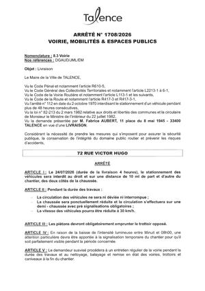 Arrete 1708-2026-Livraison 72 Rue V Hugo Le 24-07-2026-Publié Le 22 07 2026
