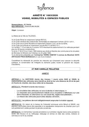 Arrete 1663-2026-Livraison 47 Rue Camille Pelletan Le 24-07-2026-Publié Le 22 07 2026