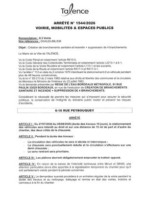 Arrete 1544-2026-Creation Branchement Sanitaire Et Incendie 6-10 Rue Peybouquey Le 27-07-2026-Publié Le 22 07 2026
