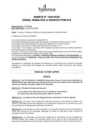 Arrete 1564-2026-Tranche + Fouille Face Au 12 Rue Lafon Du 27-07 Au 10-08-2026-Publié Le 22 07 2026