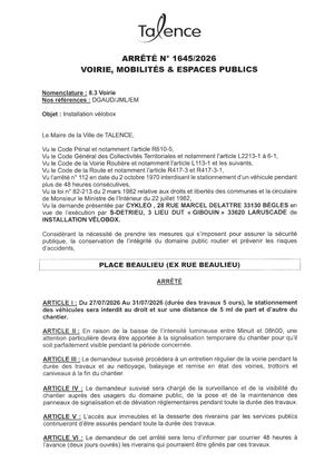 Arrete 1645-2026-Installation Velobox Place Beaulieu Le 27-07-2026-Publié Le 22 07 2026