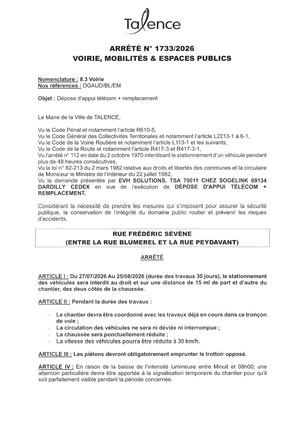 Arrete 1733-2026-Depose Appui Telecom + Remplacement Rue Frederic Sevene Du 27-07 Au 25-08-2026-Publié Le 22 07 2026