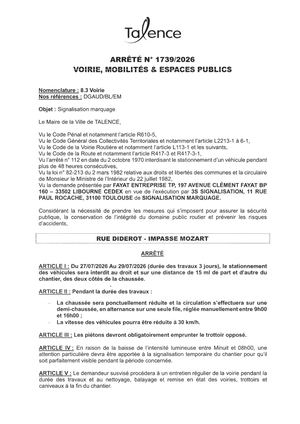 Arrete 1739-2026-Signalisation Marquage Rue Diderot Impasse Mozart Du 27 Au 29-07-2026-Publié Le 22 07 2026