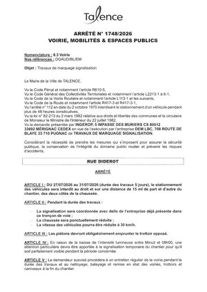 Arrete 1748-2026-Travaux De Marquage Signalisation Rue Diderot Du 27 Au 31-07-2026-Publié Le 22 07 2026