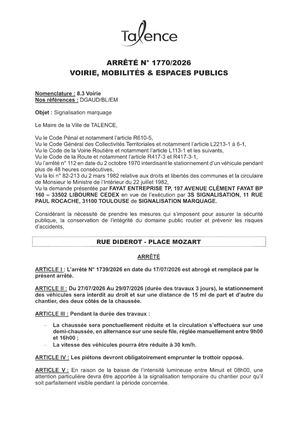 Arrete 1770-2026-Signalisation Marquage Rue Diderot Impasse Mozart Du 27 Au 29-07-2026-Publié Le 22 07 2026