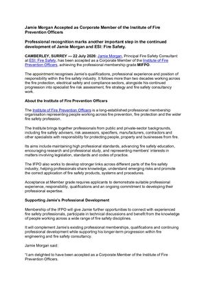Press Release: Jamie Morgan Accepted As Corporate Member Of The Institute Of Fire Prevention Officers
