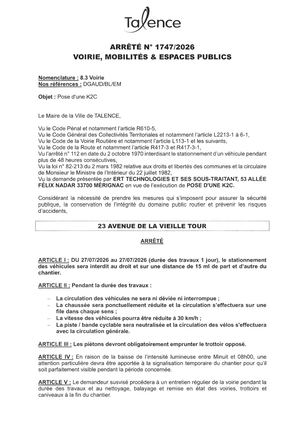 Arrete 1747-2026-Pose D'une K2c 23 Avenue De La Vieille Tour Le 27-07-2026-Publié Le 22 07 2026