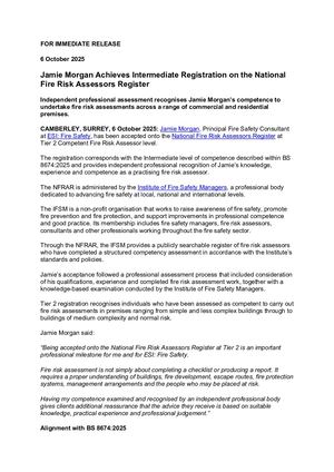 Press Release - Jamie Morgan Achieves Intermediate Registration On The National Fire Risk Assessors Register