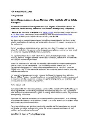 Press Release: Jamie Morgan Accepted As A Member Of The Institute Of Fire Safety Managers