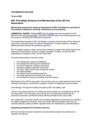 Press Release: ESI Fire Safety Achieves Full Membership Of The Uk Fire Association