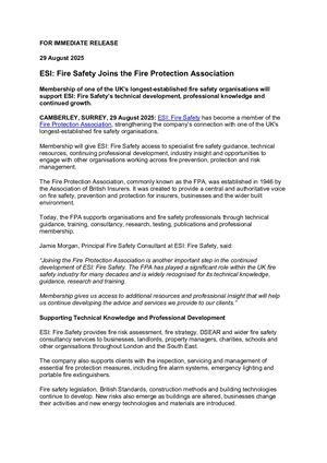 Press Release: ESI Fire Safety Joins The Fire Protection Association
