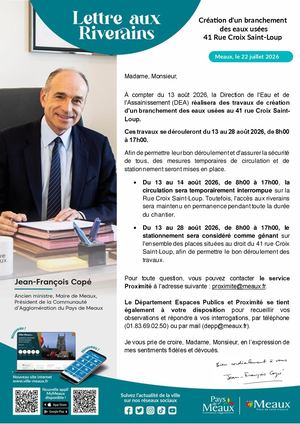 Lettre aux riverains : Création d'un branchement des eaux usées 41 Rue Croix Saint-Loup