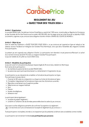 Caraibe Price - Règlement du Jeu "QUIZZ TOUR DES YOLES" 2026