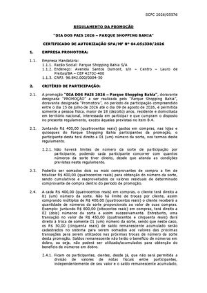 Regulamento Promoção Dia dos Pais - Parque Shopping Bahia