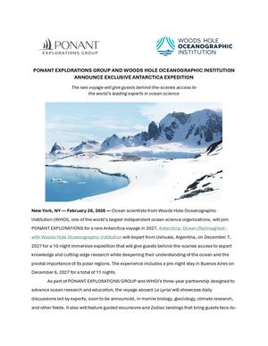 PONANT EXPLORATIONS and WHOI Announce Exclusive Antarctica Expedition