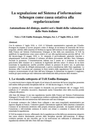 La segnalazione nel Sistema d’informazione Schengen come causa ostativa alla regolarizzazione Automatismo del diniego, motivi seri e limiti della valutazione dello Stato italiano Nota a TAR Emilia-Romagna, Bologna, Sez. I, 1° luglio 2026, n. 1265