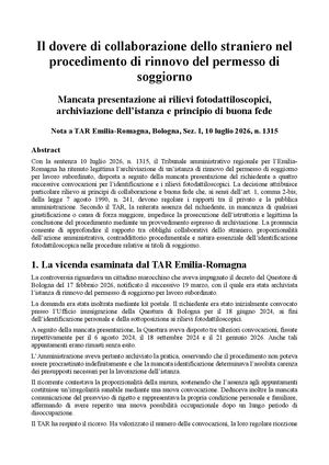 Il dovere di collaborazione dello straniero nel procedimento di rinnovo del permesso di soggiorno Mancata presentazione ai rilievi fotodattiloscopici, archiviazione dell’istanza e principio di buona fede Nota a TAR Emilia-Romagna, Bologna, Sez. I, 10 lugl