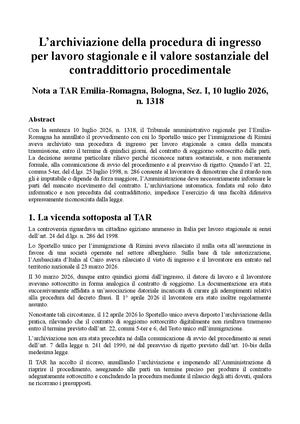 L’archiviazione della procedura di ingresso per lavoro stagionale e il valore sostanziale del contraddittorio procedimentale Nota a TAR Emilia-Romagna, Bologna, Sez. I, 10 luglio 2026, n. 1318