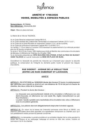 Arrete 1786-2026-Mise En Place De Buse Rue Diderot Avenue De La Vieille Tour 2-6 Rue De La Renaissance Du 27-07 Au 16-08-2026-Publié Le 24 07 2026