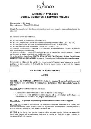 Arrete 1755-2026-Renouvellement Reseau Assainissement 2-6 Rue De La Renaissance Du 27-07 Au 07-08-2026-Publié Le 24 07 2026