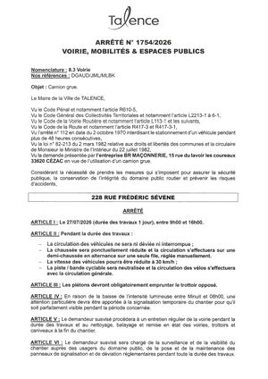 Arrete 1754-2026-Camion Grue 228 Rue Fredeic Sevene Le 27-07-2026-Publié Le 24 07 2026