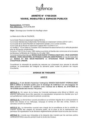 Arrete 1766-2026-Stockage Chantier Chauffage Urbain Avenue De Thouars Du 27-07 Au 18-08-2026-Publié Le 24 07 2026