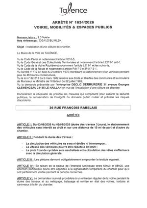 Arrete 1634-2026-Installation Cloture Chantier 36 Rue Francois Rabelais Du 3 Au 5-08-2026-Publié Le 24 07 2026