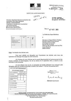 Feu II 3. Dérogation Pour Le Brûlage Des Déchets Verts Issus Du Nettoyage Des Plages (AP Du 17 10 2013).