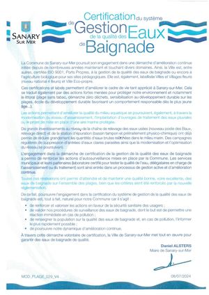 Engagement De M. Le Maire Sur La Certification De Gestion De La Qualité Des Eaux De Baignade