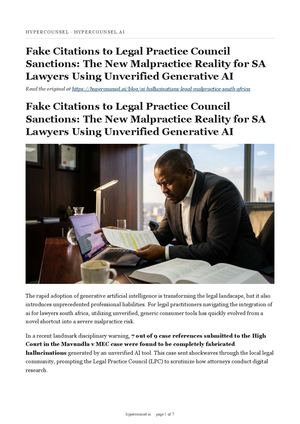 Fake Citations to Legal Practice Council Sanctions: The New Malpractice Reality for SA Lawyers Using Unverified Generative AI