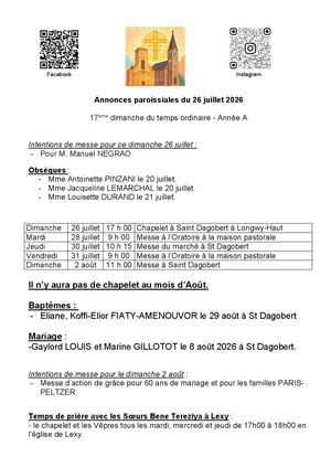 2026 07 26 Annonces Paroissiales